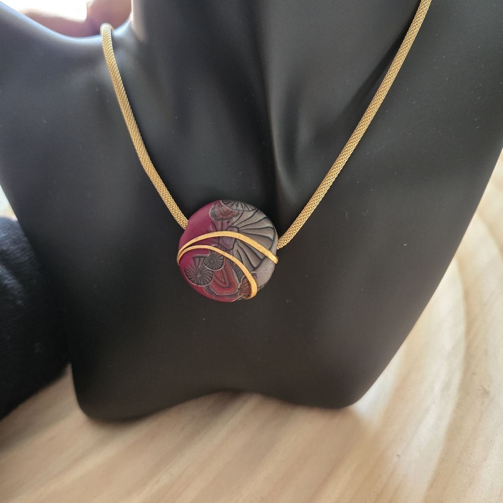 Vintage Artisan Round Hand Painted Enamel & Clay Pendant Necklace